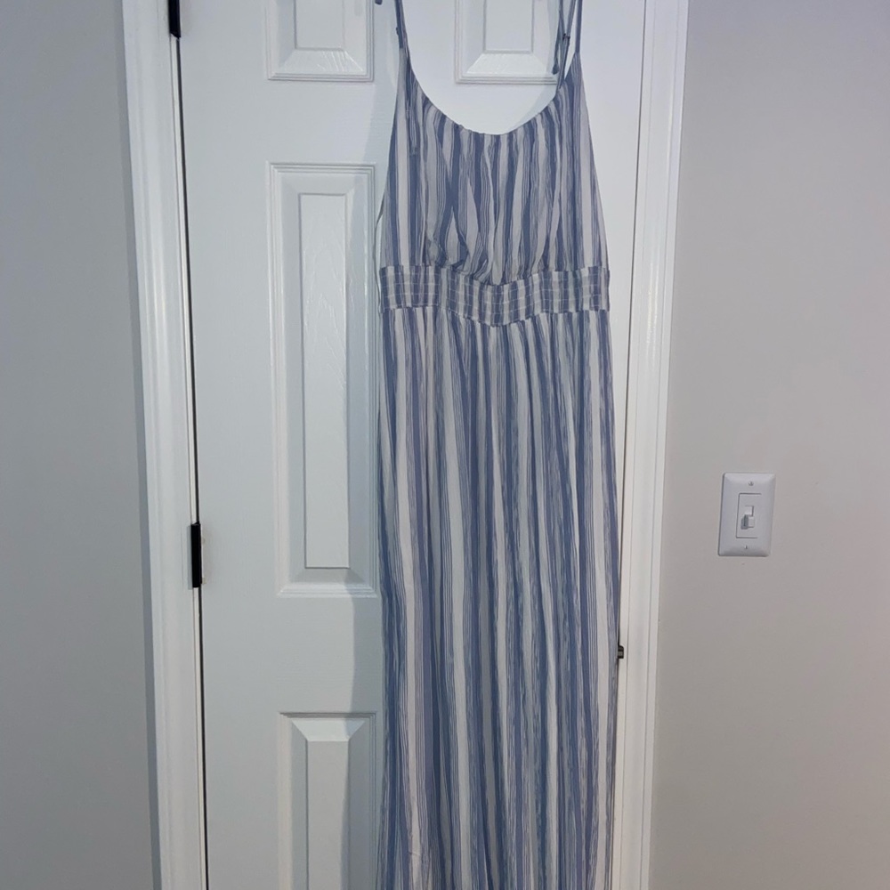 Blue and white striped spaghetti strap maxi dress.